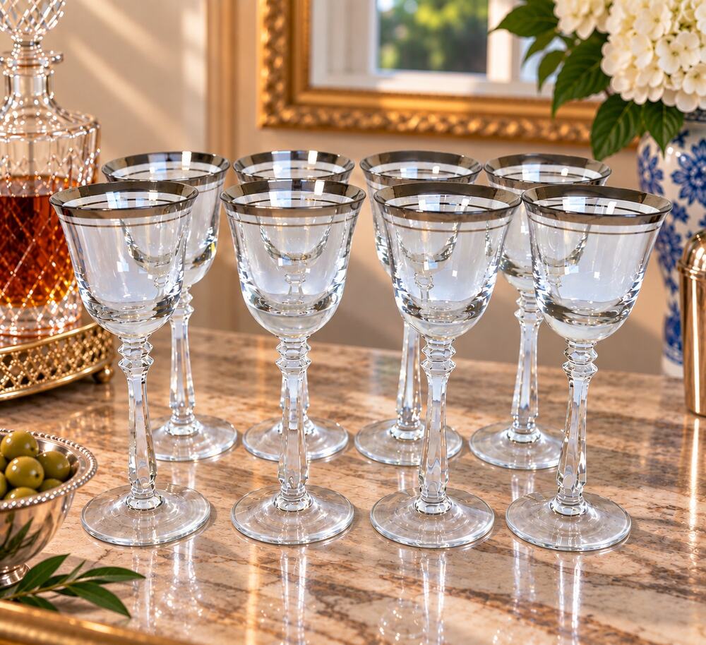 Vintage Mikasa Silver Mist 57618 Cordial Glasses Platinum Rim Set of 8 1979-87